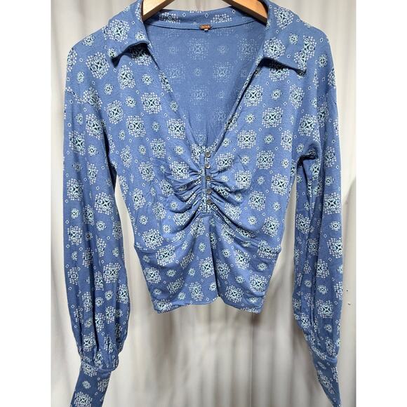 Free People Tops - Free People Blue Patterned Ruched Front Long Sleeve Collar Top Small Boho Y2K